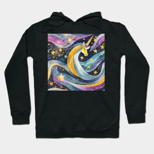 Geometric pattern of curved seamless stripes making a starry night with galaxy, stars and unicorn Hoodie